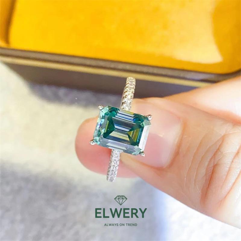 Evergreen】2CT Color Emerald Cut Synthetic Moissanite Rings Jewelry Set in 925 Sterling Silver