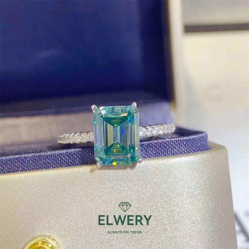 Evergreen】2CT Color Emerald Cut Synthetic Moissanite Rings Jewelry Set in 925 Sterling Silver